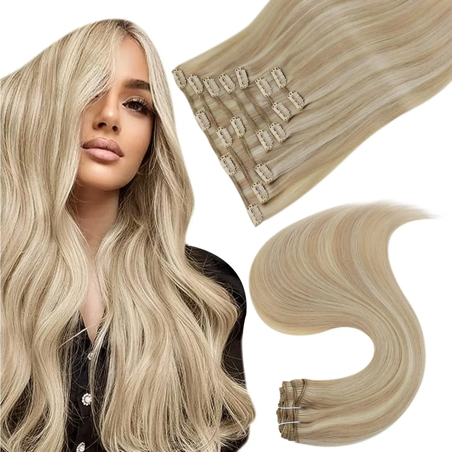 

YoungSee Straight Clip in Hair Extensions 7pcs Per Set with 16Clips Remy Natural Hair Clip In Human Hair 14-24Inch