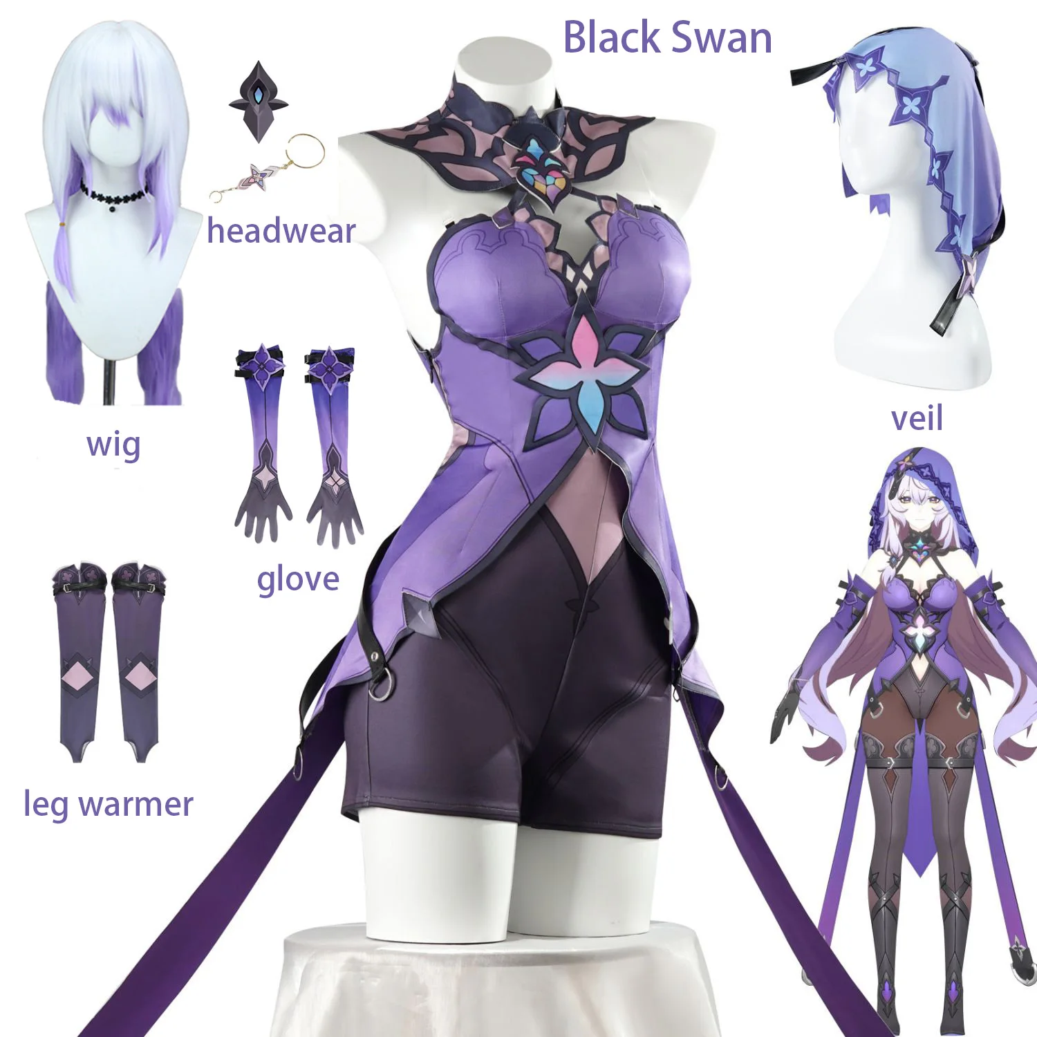 Schwarzer Schwan Cosplay Kostüm Perücke Handschuhe Spiel Honkai Star Rail Karnevals-Uniform Anime Halloween Kostüme Spielcharakter Outfits