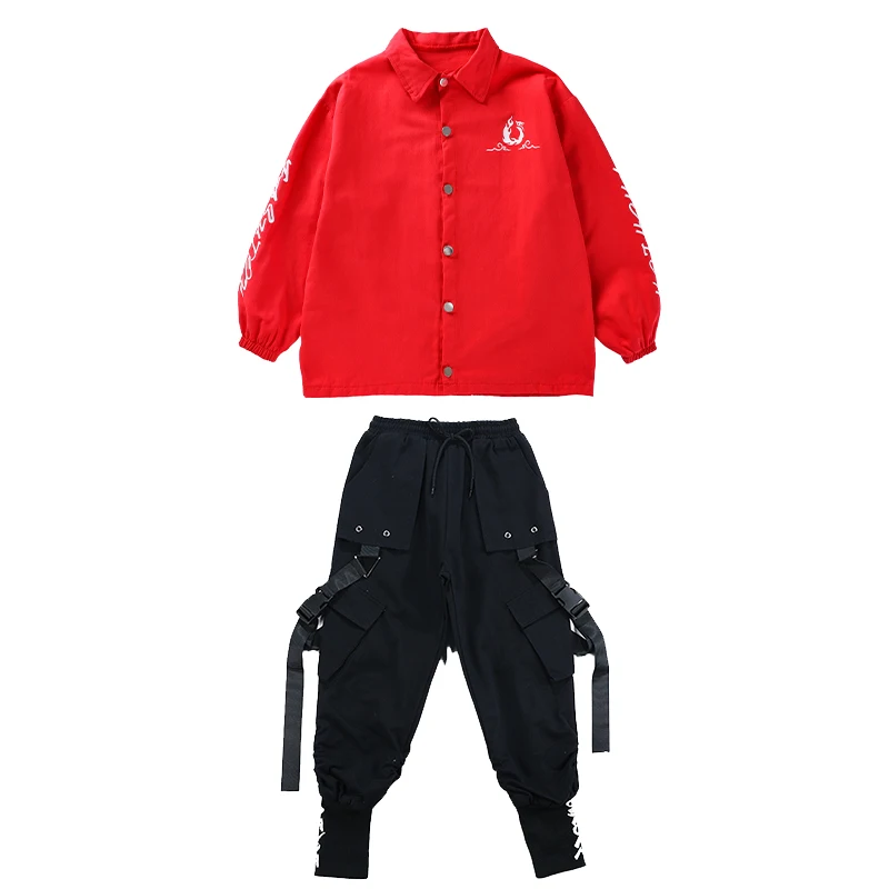 Kids Hip Hop Street Clothing Red Oversized Shirt Casual Jogger Cargo Pants for Girl Boy Streetwear Dance Costume Jazz Clothes