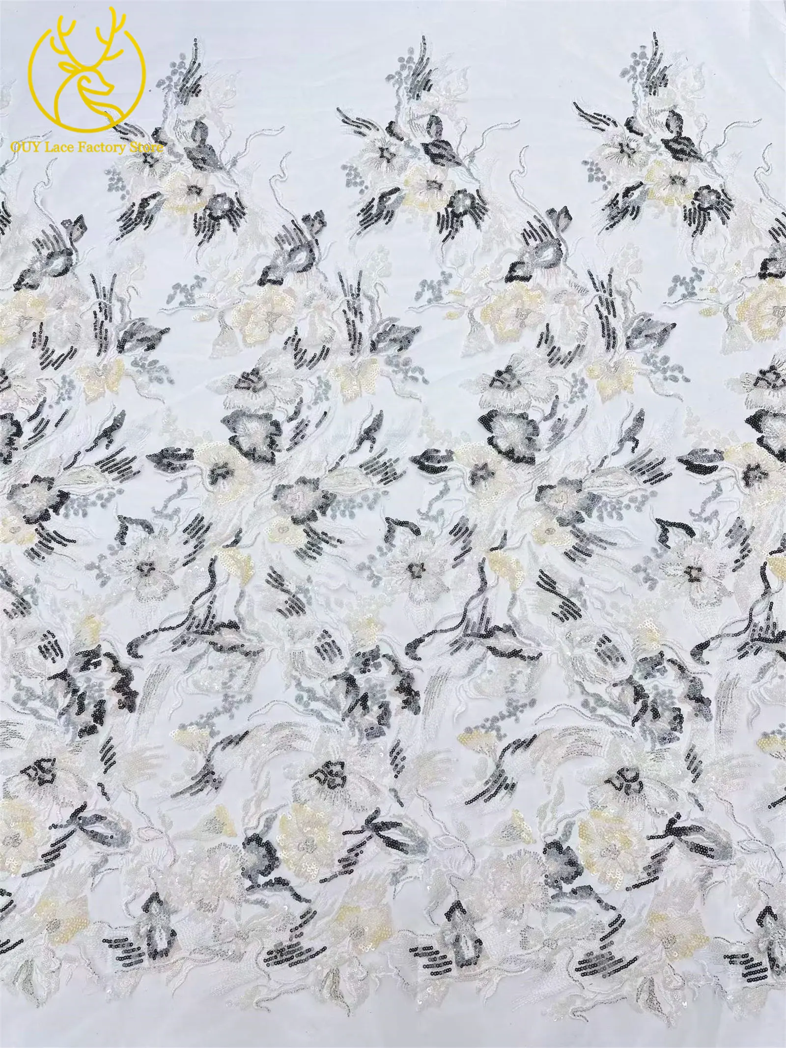 Afrikanischer Stickerei-Tüll-Pailletten-Spitzenstoff, 5 Yards, hochwertiger französischer nigerianischer Perlen-Mesh-Spitzenstoff für Hochzeitsnäharbeiten – Detail 9