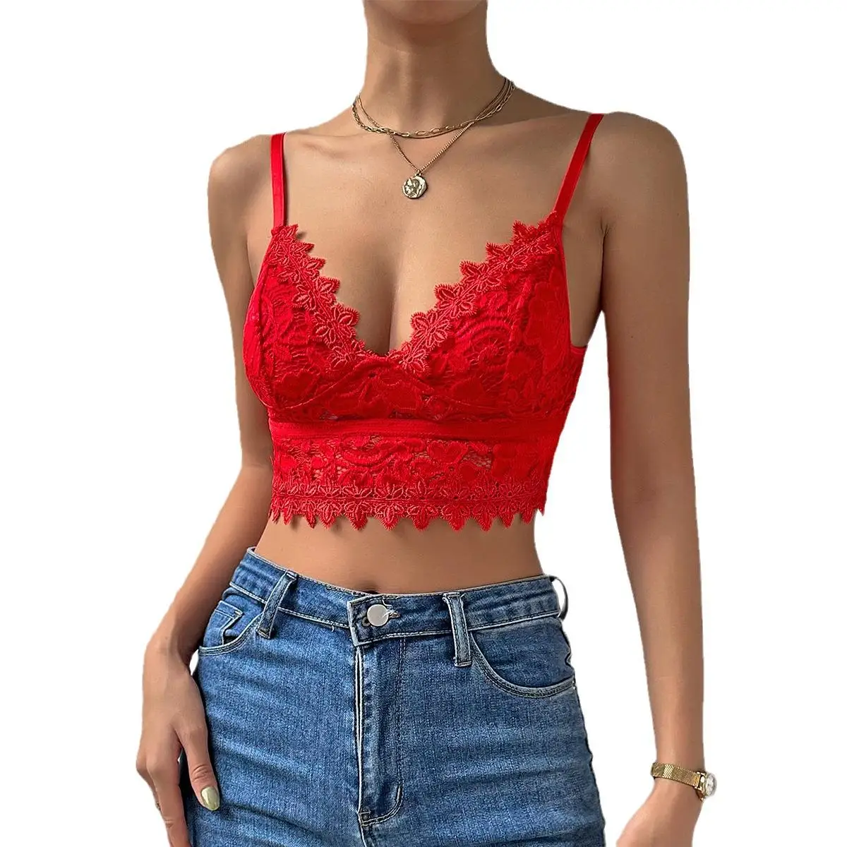 Sexy Pure Color Lace Deep V Strap Wrap Chest Crop Top ort Vest 9328 European Sle Polyester Spandex Blend Busin Home Wear