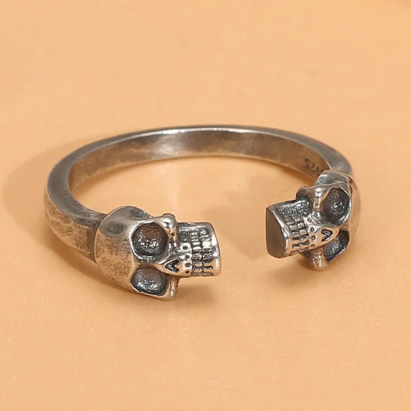 

s925 sterling silver double skull men's and women's open ring niche design simple fashion stylish cold style ring