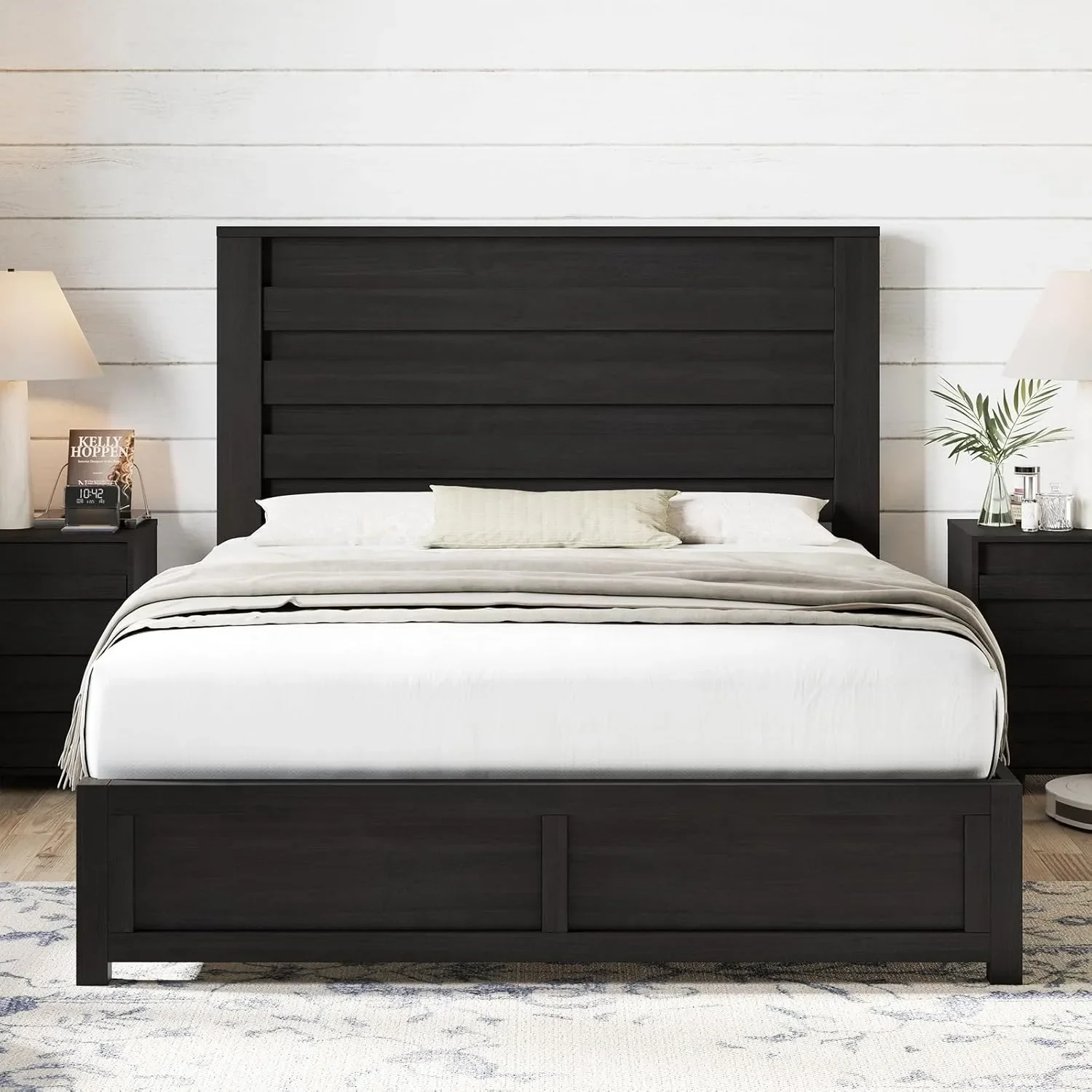 

Farmhouse Queen Size Bed Frame with 49" Tall Headboard, Platform Bed with Natural Wood Grain, No Box Spring Needed/Noise Free