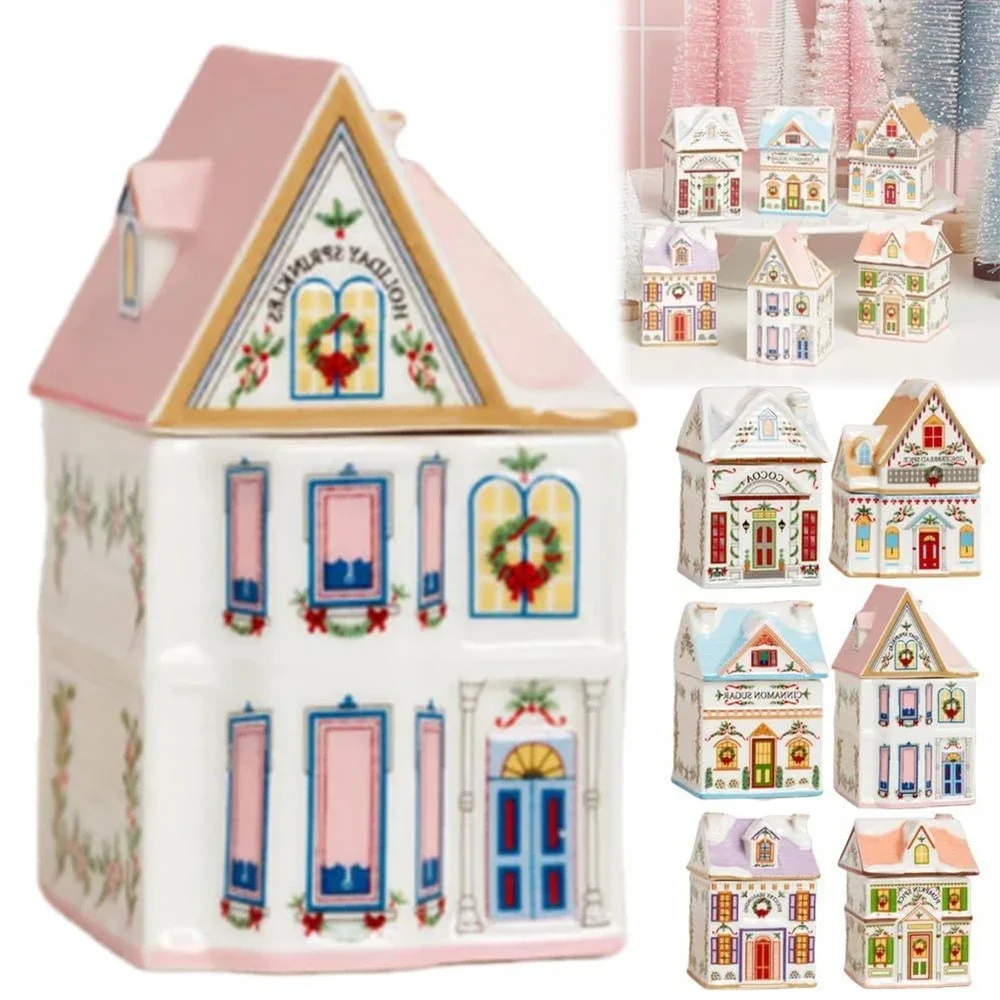 Holiday Village Spice House Set Mini Christmas Gingerbread Houses Jars Festive Decor Kitchen Countertop Christmas