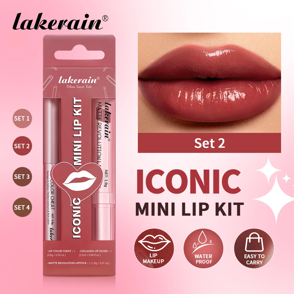 3pcs Lip Makeup Set Lip Liner ลิปกลอสลิปสติก Mirror Effect Beep Lips สูงสี Long Lasting Hydrates Travel Mini ชุด