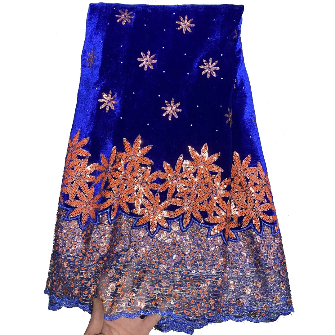 

(5 yards/pc ) Newest soft smooth velvet high quality blue orange African party lace fabric with sequins embroidery VLP029