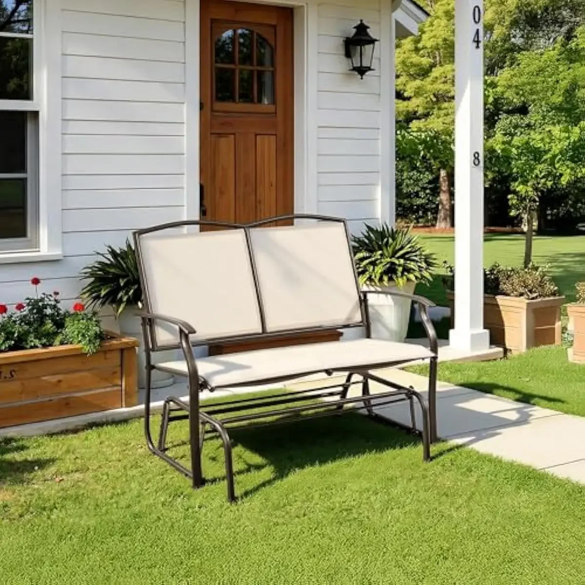 Two-person outdoor glider bench with smooth steel rocking mechanism, beige Texteline fabric, modern design, quick-dry breathable