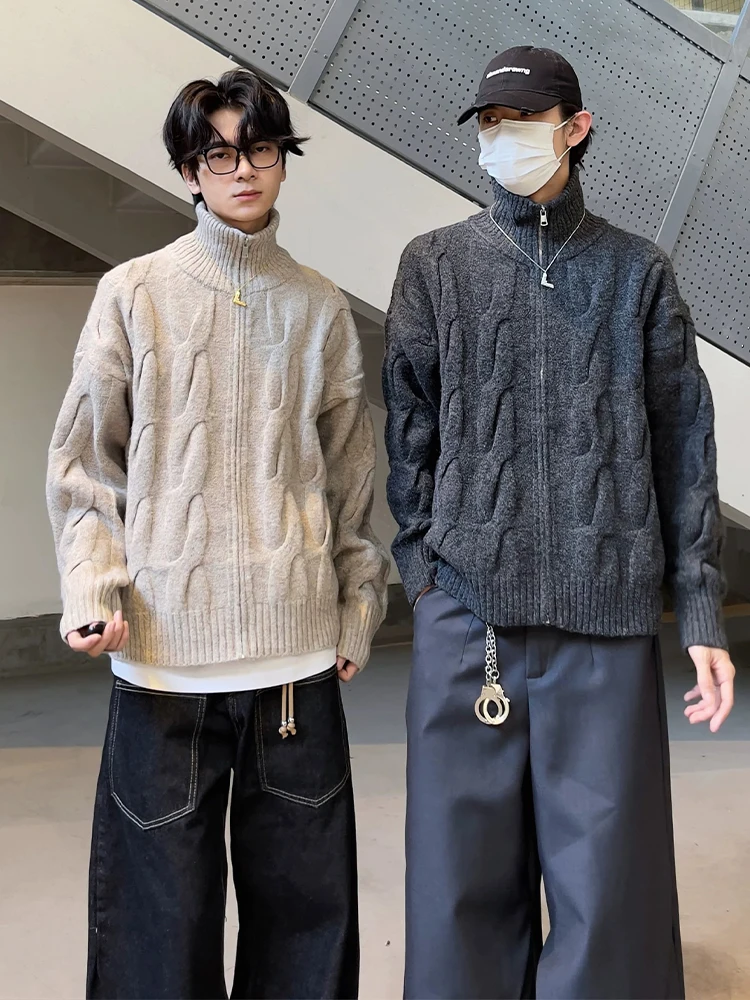 

Мужской вязаный кардиган в американском ретро-стиле с высоким воротником, свободный, новый, удобный, осенний, для отдыха, с длинными рукавами