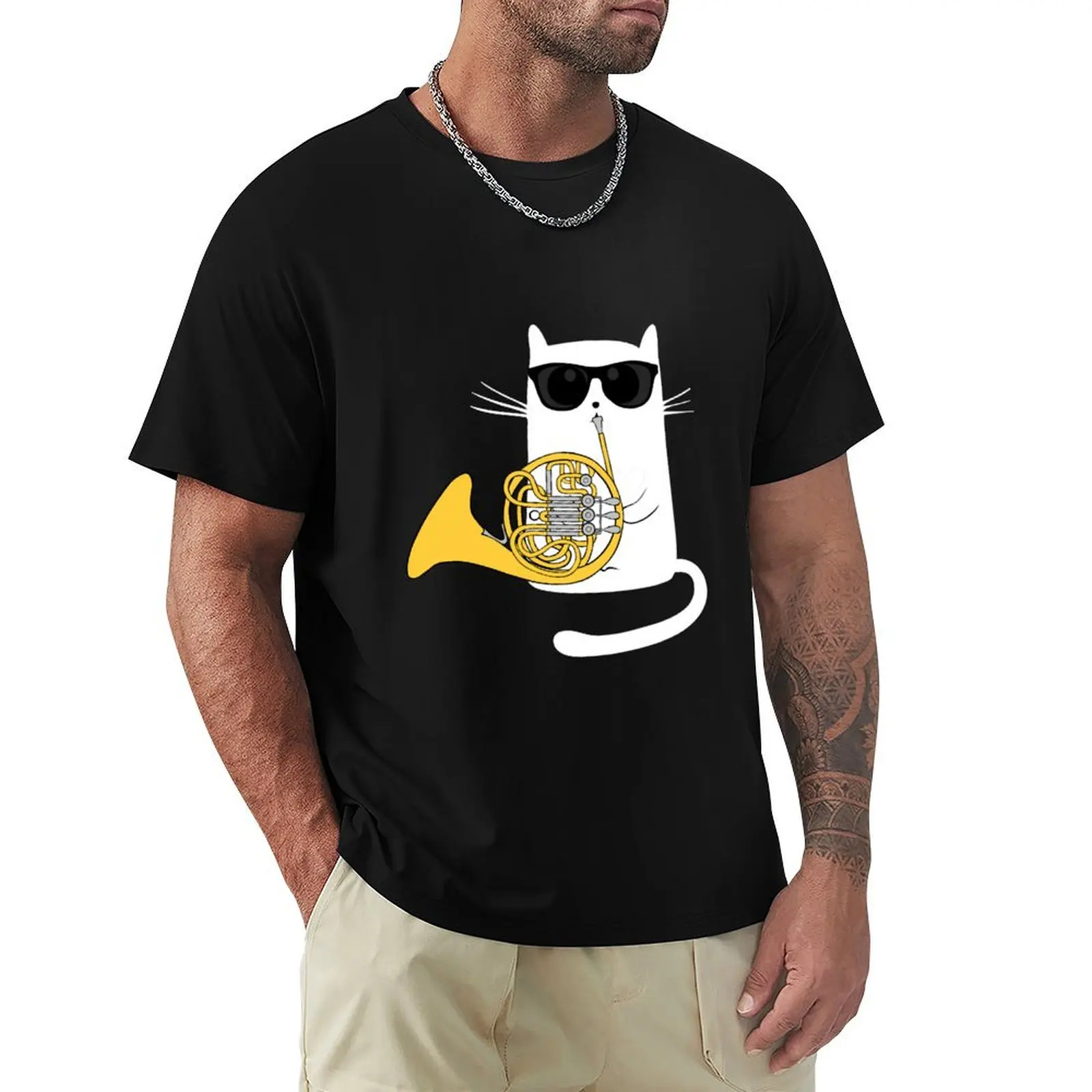 Jazz Cat Playing French Horn - Cool Smooth T-Shirt T-Shirt sweat kawaii clothes funnys big and tall t shirts for men