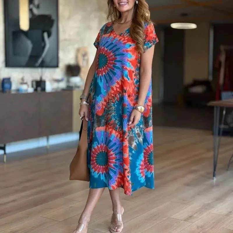 Boho Retro Tie-dye Print Dress Women Fashion V Neck Loose Casual Party Dress Summer Short Sleeve 2025 New Holiday Long Dresses