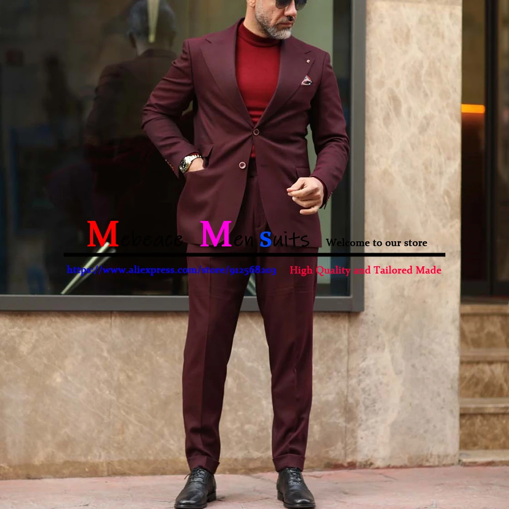 

Burgundy Slim Fit Men Suits for Wedding 2 Piece Groom Prom Tuxedo Jacket with Pants Casual Business Men Suit Set Terno Masculino