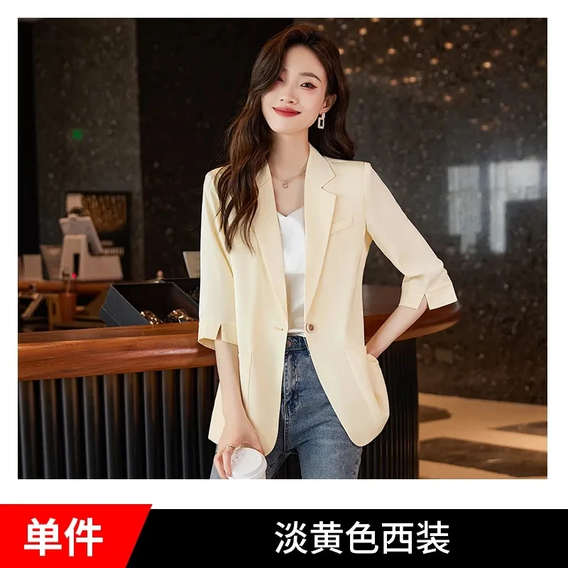 Blue Suit Jacket Women's Summer Thin High-Grade Casual  Sleeve Chiffon Small Western-Style Clothes Split Leisure Pocket Jacket