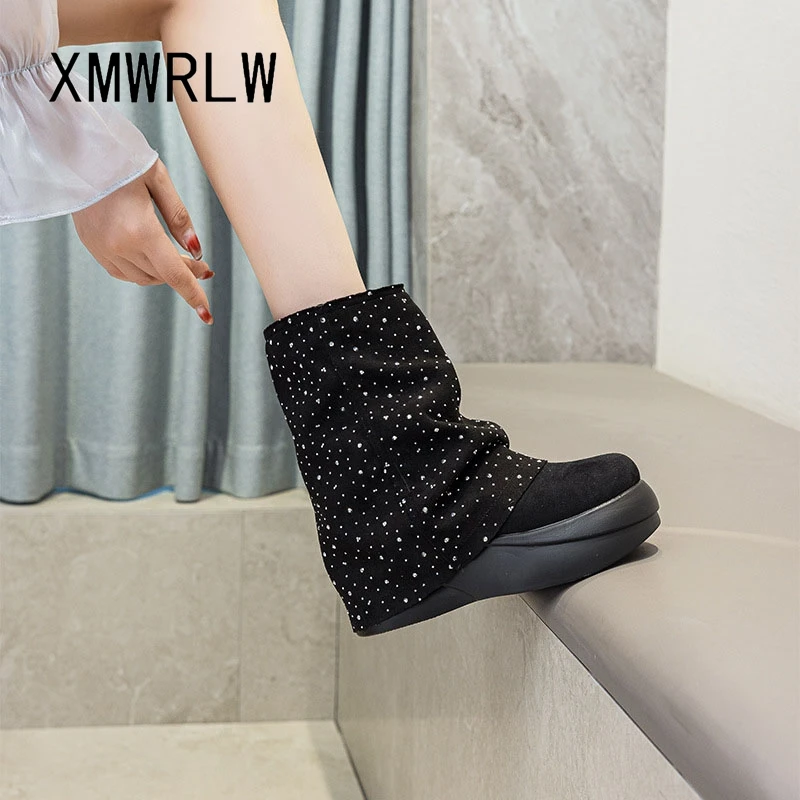 

XMWRLW 2025 Autumn Winter Women Ankle Boots Fashion High Heels 6cm Female Ankle Boots Warm Plush Women Winter Slip on Boot