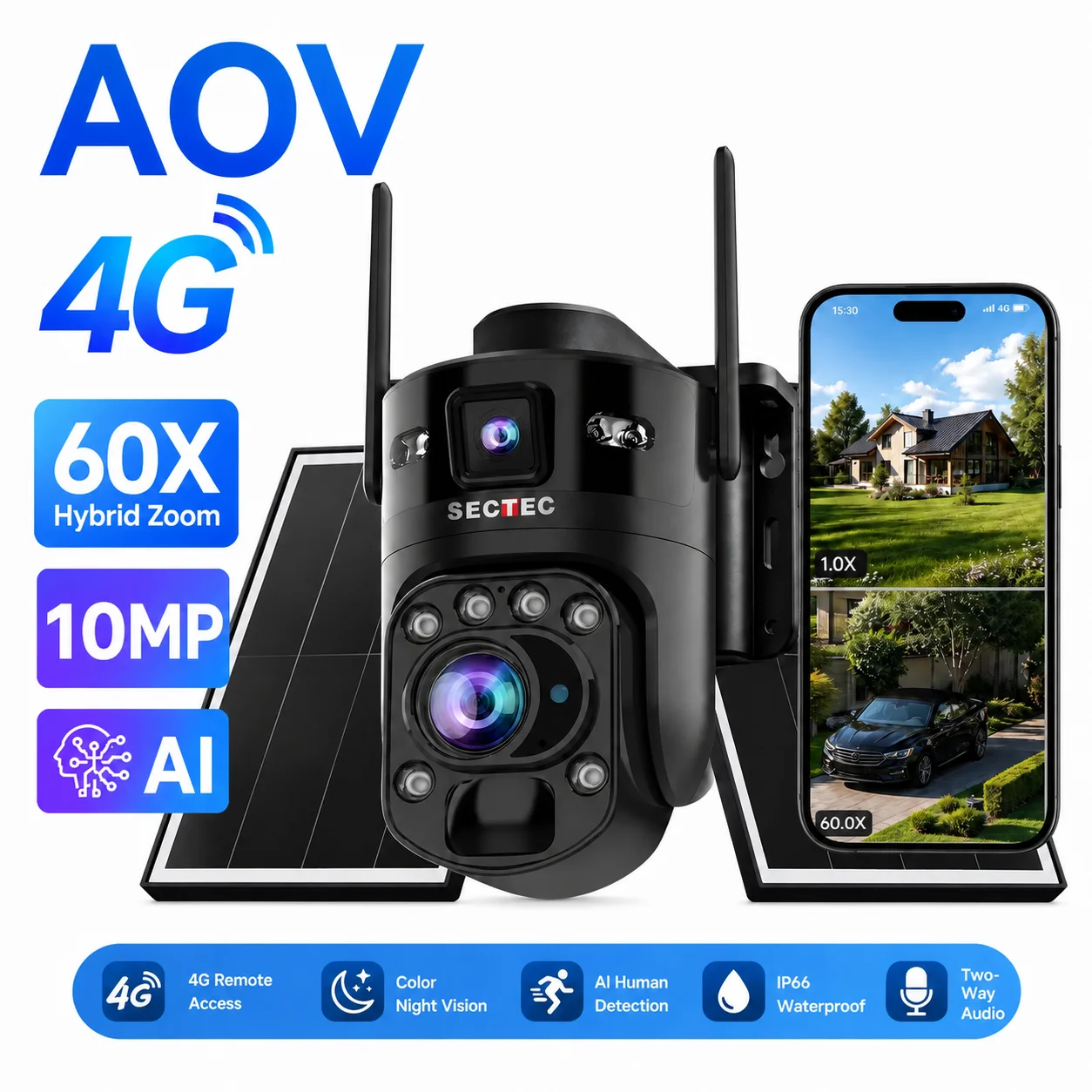 SECTEC 2-in-1 Dual-Lens AOV Solar Security Camera 7/24 Recording AOV WiFi Camera 36X Zoom 90FT AI Detection 14W 20800mAh Battery