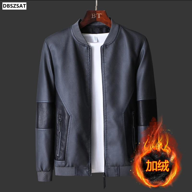 M-5xl Mens Faux Pu Leather Jacket Winter Male Coat Turn-down Collar Zipper Solid Color Fluff Warm Outerwear Clothes Hy85