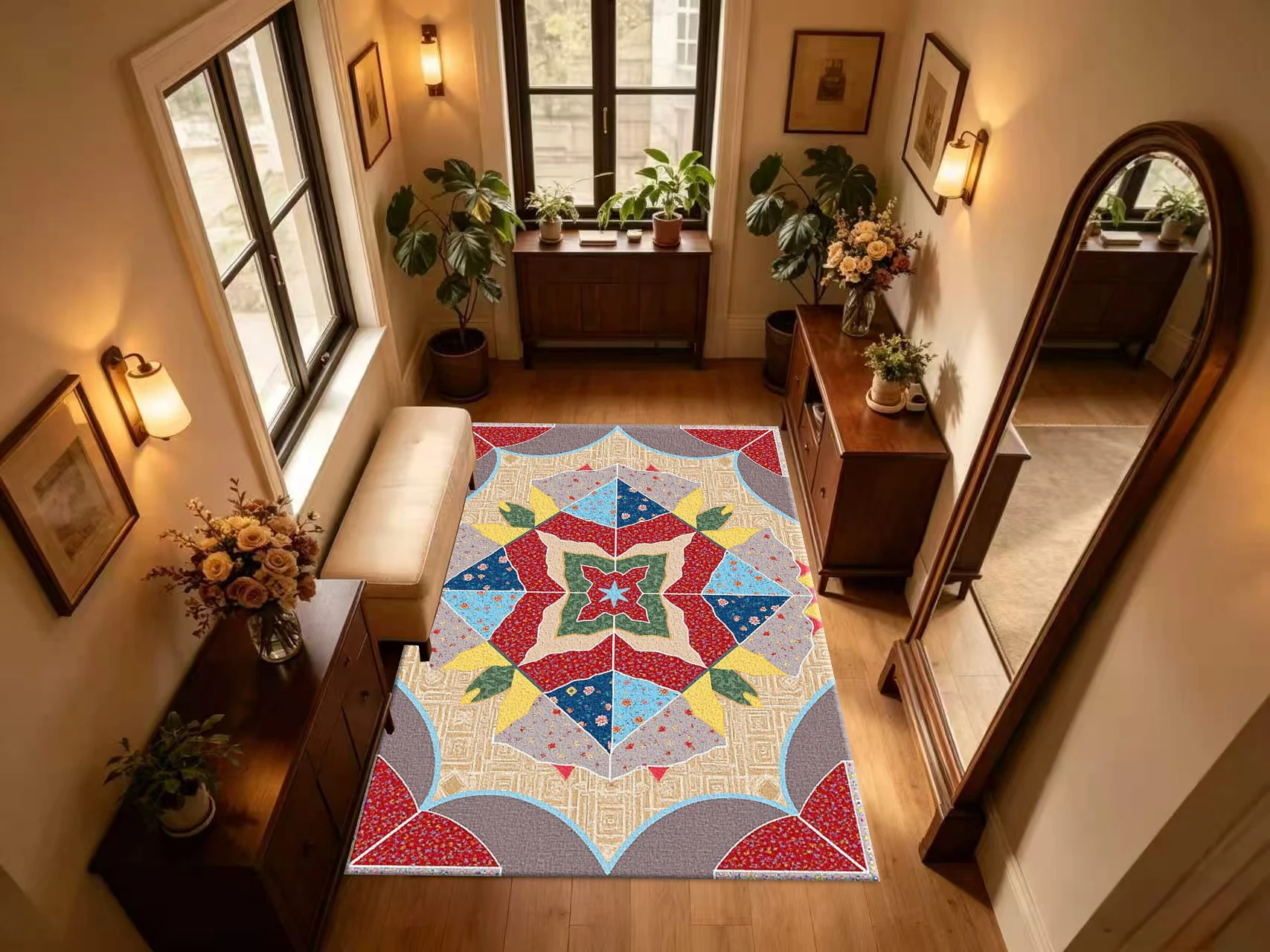 Colorful Patchwork Star Medallion Carpet Flooring Bohemian Folk Style Printed Square Floor Rug for Living Space Decor