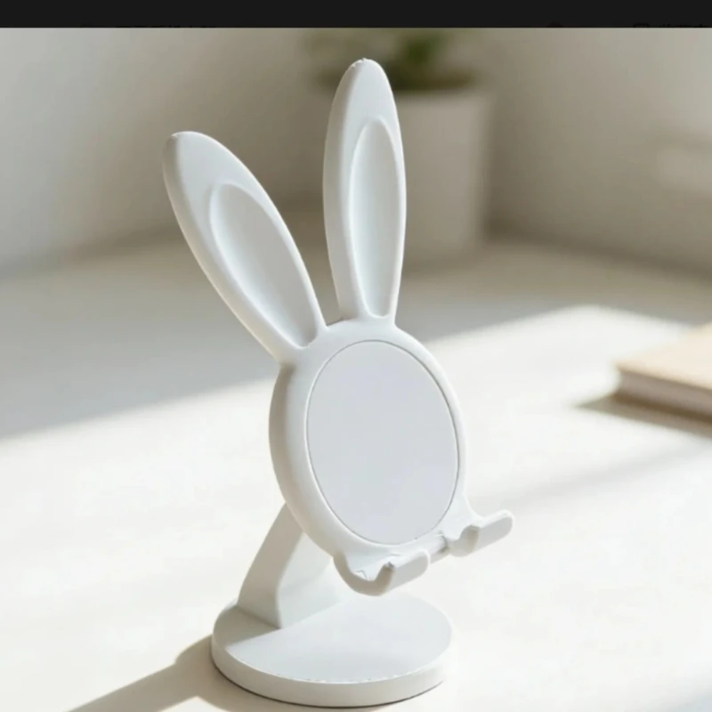 Mobile Phone Holder Long Upright Ears Silhouette Circular Bracket Face Double Front Hooks Detail Round Base Mount White Finish