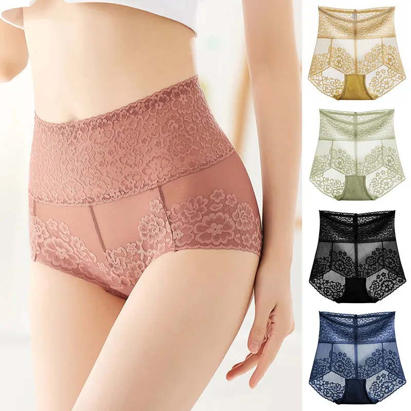 1Pc Sexy Women's Panties Solid Color Lace High Waist Abdominal Briefs Stretchy Belly Lifting Hip Underwear Intimates Lingerie