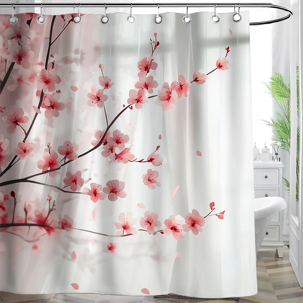 1pc Pink Plum Blossom Flower Print Waterproof Shower Partition Privacy Hanging Curtain with Hooks Multiple Size Machine Washable