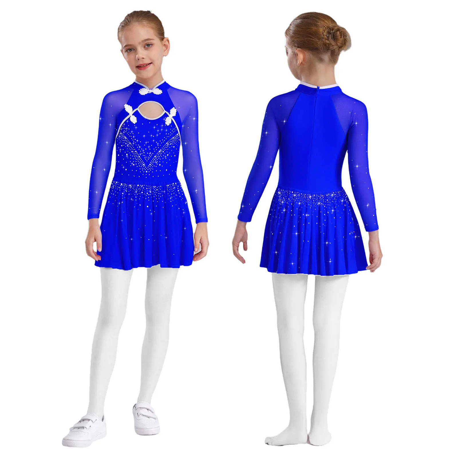 

Lyrical Long Sleeve Ballet Figure Skating Dance Dress Kids Girls Sheer Mesh Sequins Stage Ballet Modern Dance Competition Outfit