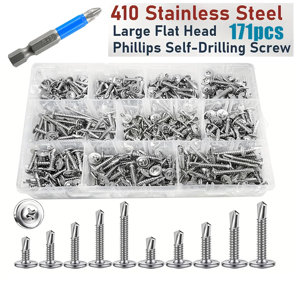 171-Piece 410 Stainless Steel Phillips Self-Drilling Screw Kit, #8 1/2'' to 1-1/2'', with Screwdriver, Suitable for Metal