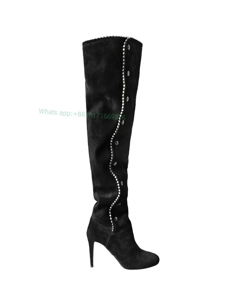 

Leather Rhinestone Sexy Knee High Boots Women Dress Party Stiletto High Heel Boots Design Round Toe Shoes Show Pleated 2023 Lady