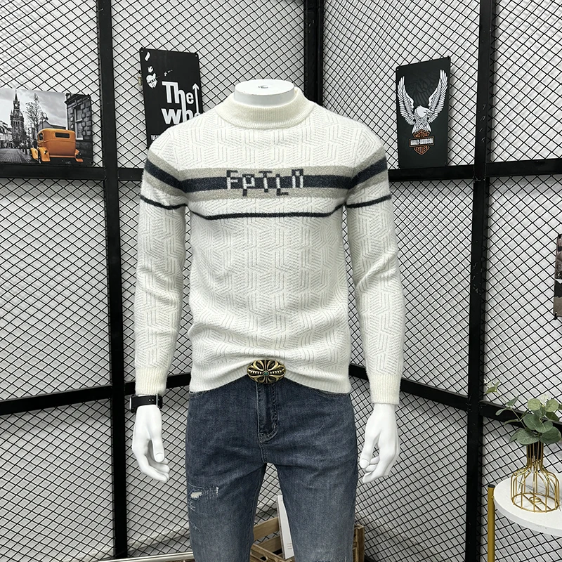 Camisola de gola alta semi-chenille masculina, blusa simples colorida, pulôver elegante, roupa fina, marca da moda casual, quente