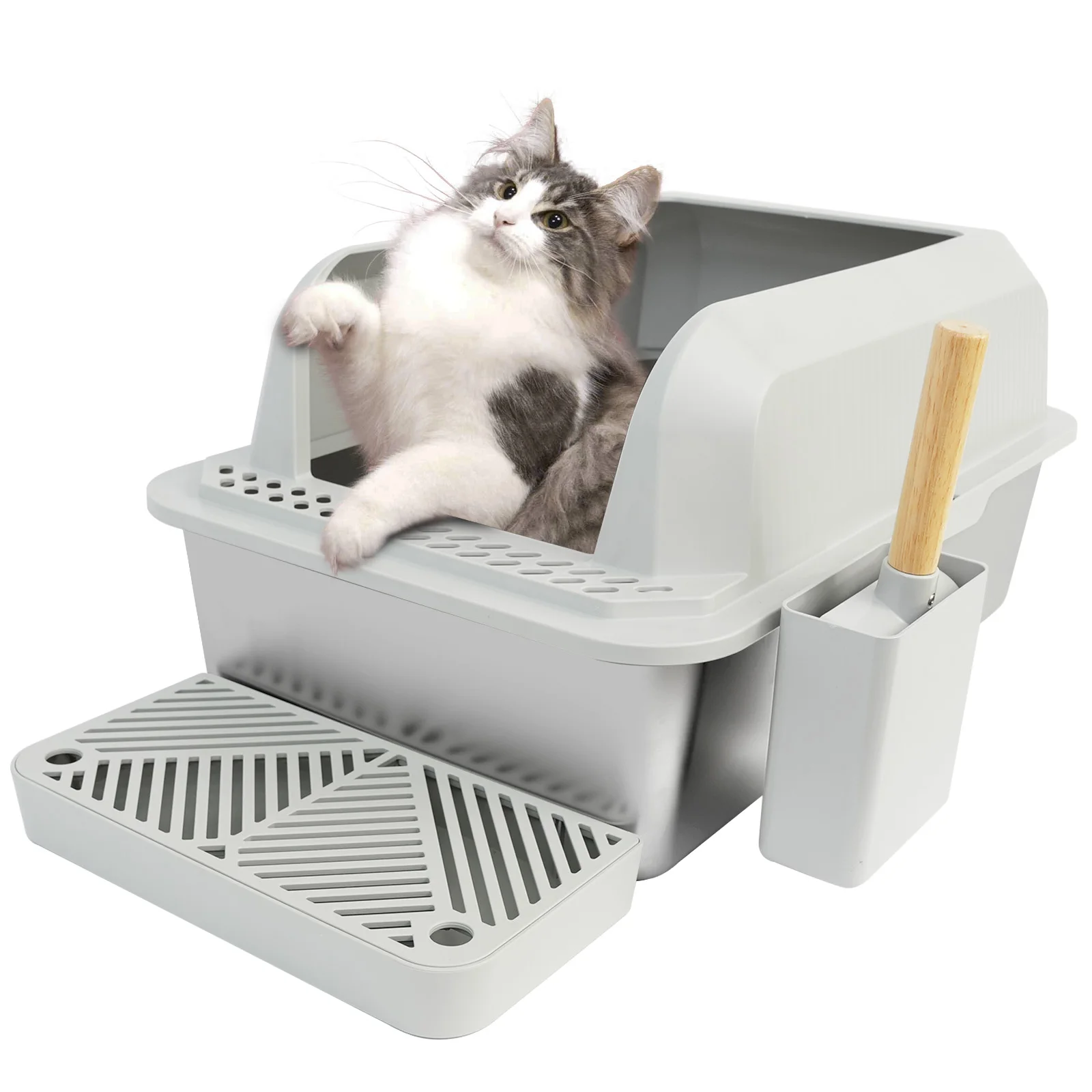 

Stainless Steel Cat Litter Box XL Extra Large Enclosure Cat Box with Lid for Small Big Cats, Double Pedal Filter Metal High Sid