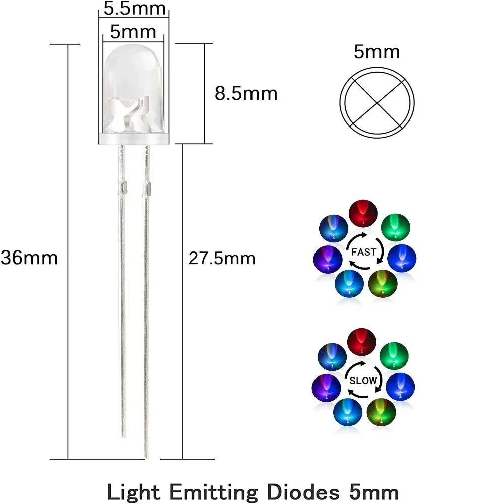 50pcs 5mm Multicolor Slow/Fast Flashing LED Diode Blinking Light Emitting Diodes Clear Round Lens Electronic Components