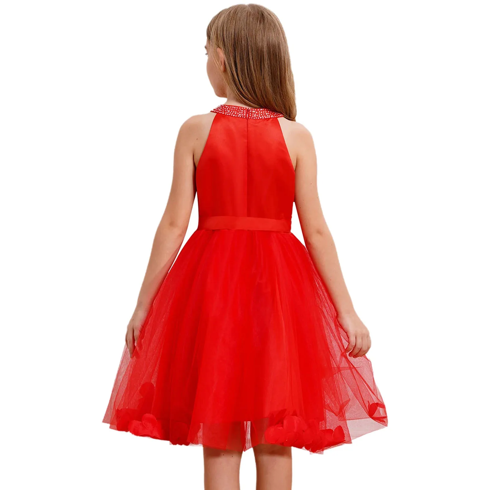 Flower Girl Dress Rhinestone Wedding Birthday Party Tulle Dress Kid Halter Sleeveless Knee Length Skirt Princess Banquet Pageant