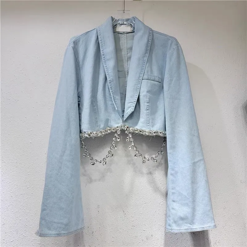 

Fashion Diamond Slim High Waist Short Denim Jacket Female Light Blue Cowboy Cardigan Lapel Long Sleeve Jeans Jacket Spring New