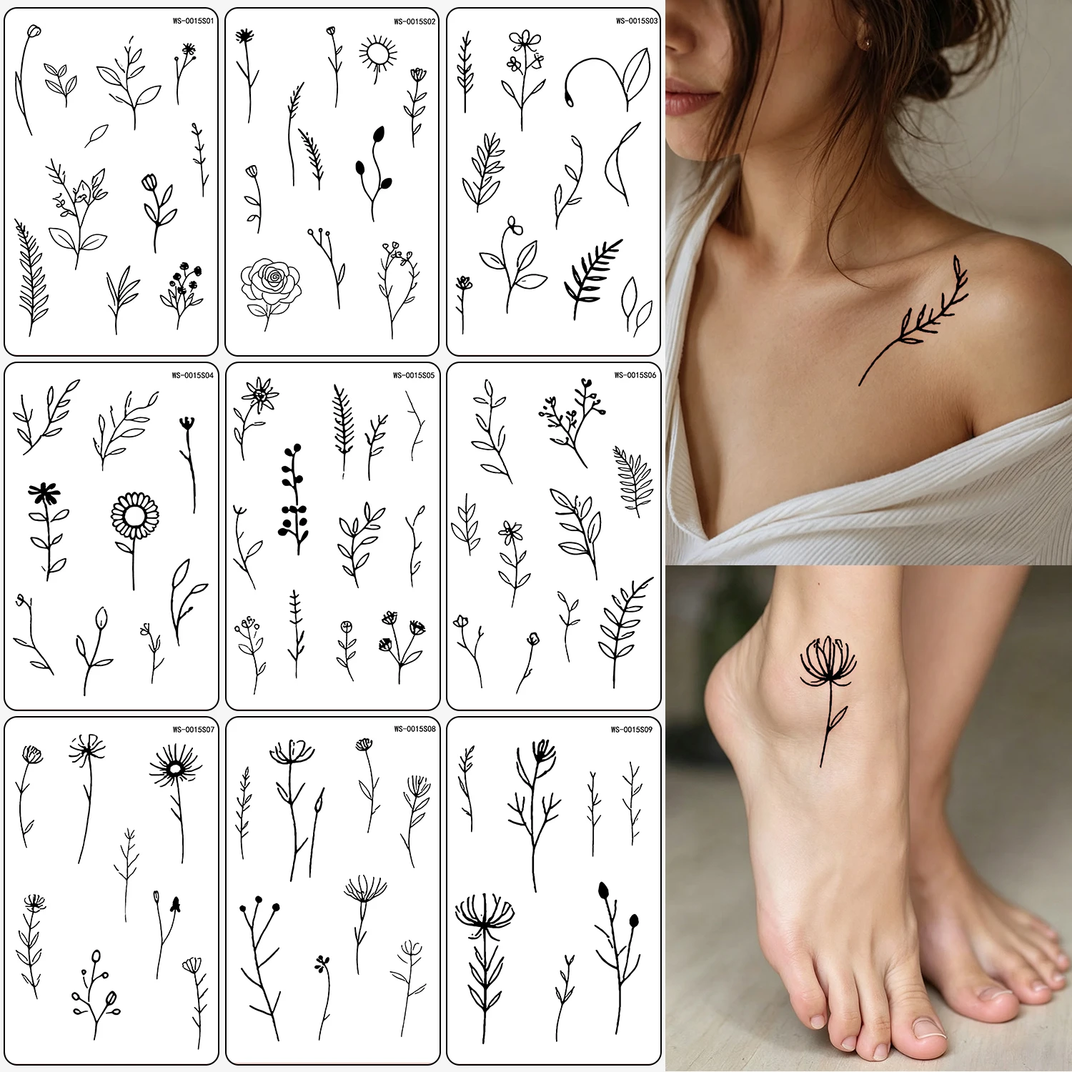 10PCS Black Line Flower Grass Temporary Tattoo Stickers Simple Sketch Daisy Rose Plant Branch Tattoos for Women Body Art Decals