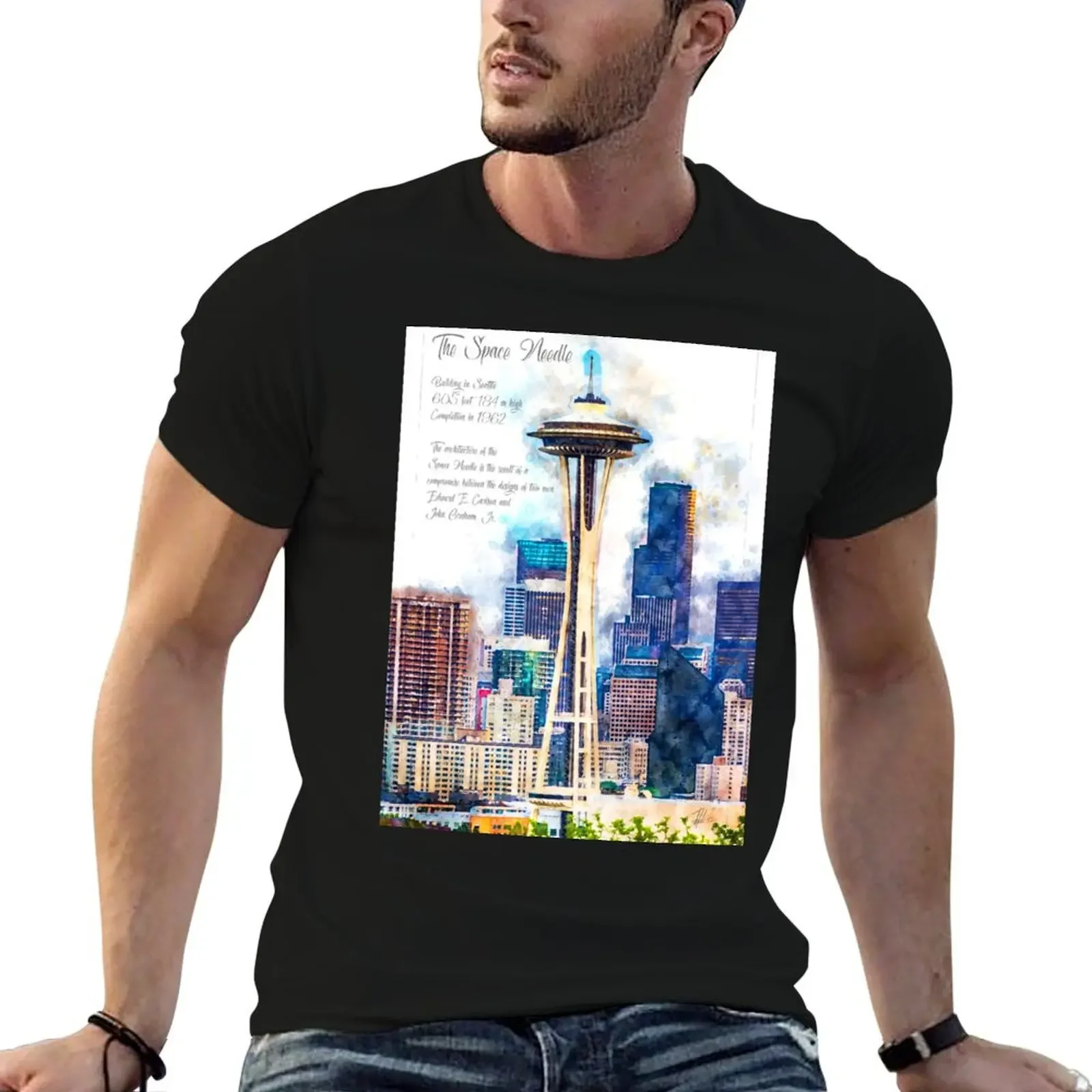 Space Needle, Seattle, Watercolor T-Shirt kawaii clothes sublime street wear t shirts for men