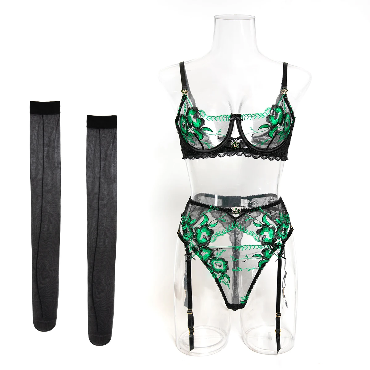 Conjunto de lencería de lujo de 4 piezas con malla negra y bordado floral verde, sujetador con aros, liguero y cinturón de lencería, ropa de noche sensual para mujer
