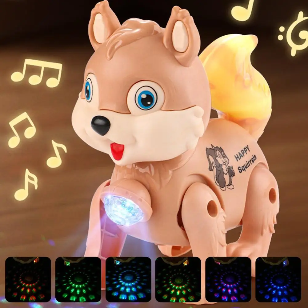 Cute Electric Squirrel Walking Toy with Pulling Leash Flashing Led Light Dynamic Music Interactive Sensory Toy for Kids