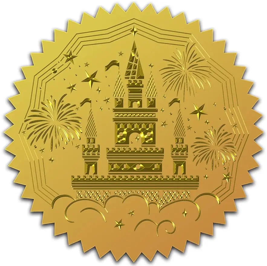 

50mm Gold Foil Sticker Castle Fireworks 100pcs Certificate Seals Gold Embossed Round Embossed Foil Seal Stickers for Envelopes