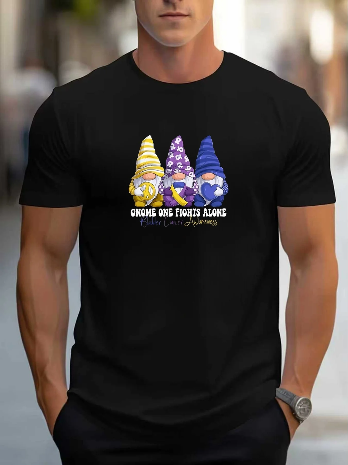 Cute Gnome Design Men's T-Shirt, Bladder Cancer Awareness, Summer and Autumn Season, a Beloved Gift for Those Who Are Brave and Supportive