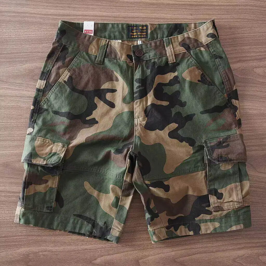 Men's Camouflage Work Shorts Summer Casual Multi-Pocket Outdoor Wear-Resistant Loose Fit Knee-Length Cotton Cargo Shorts