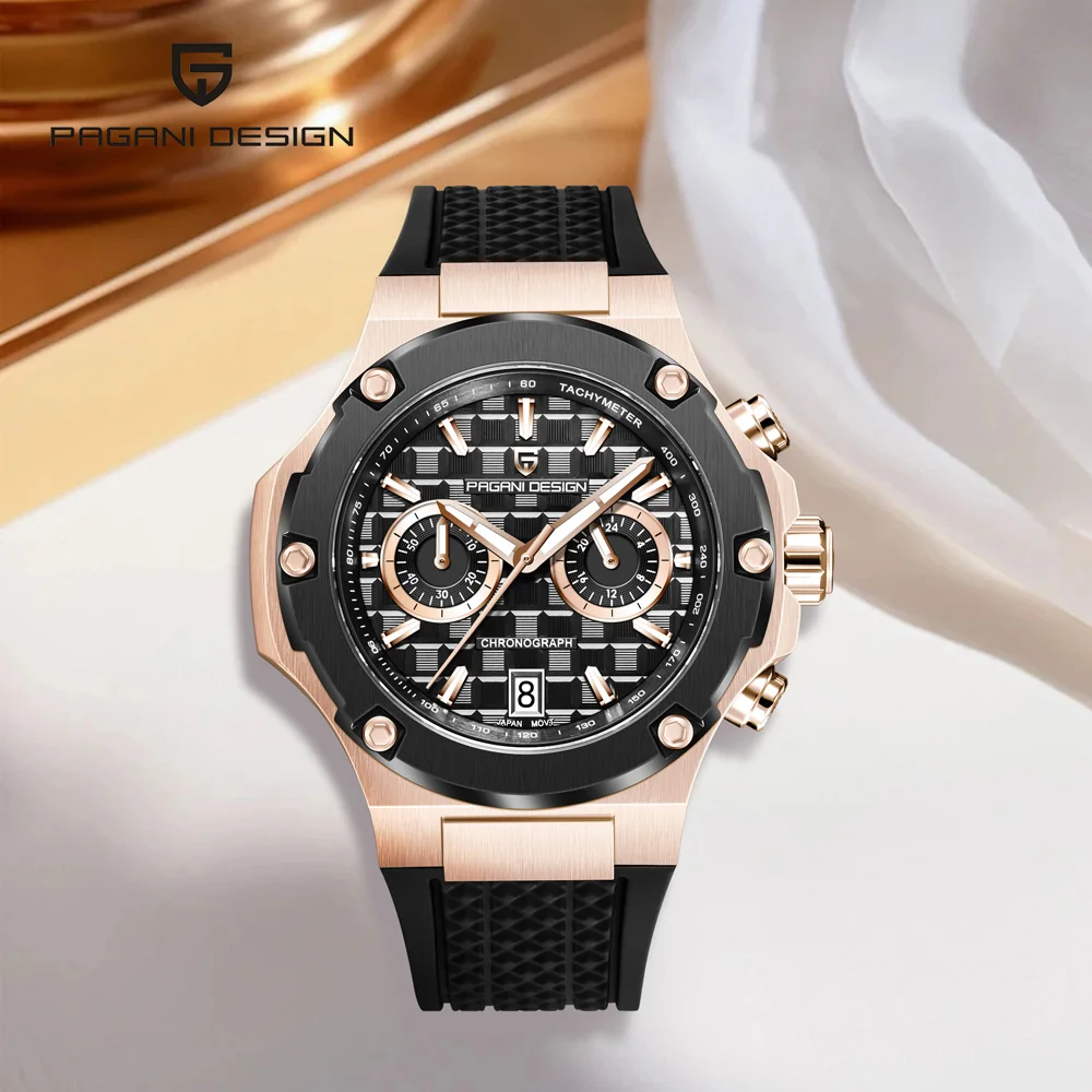 PAGANI DESIGN Watches 2026 New Luxury Rose Gold Quartz Watch For Men fluorine Rubber VK64 Movt Waterproof Multifunctional Watch