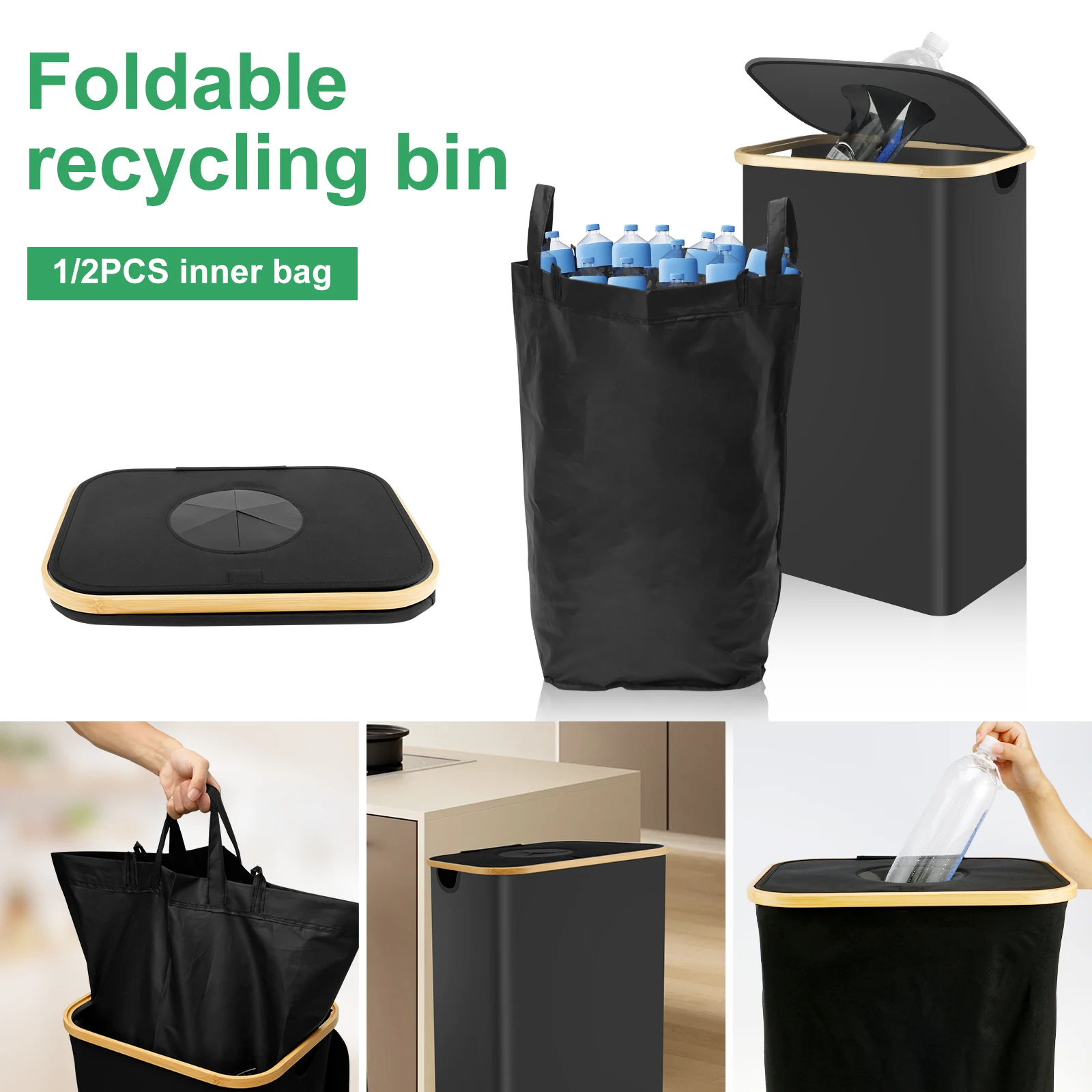 Kitchen Recycle Bin 95L Recycling Bin with Removable Inner Bag Oxford Cloth Bottle Recycle Bin with Handle Foldable Recycle