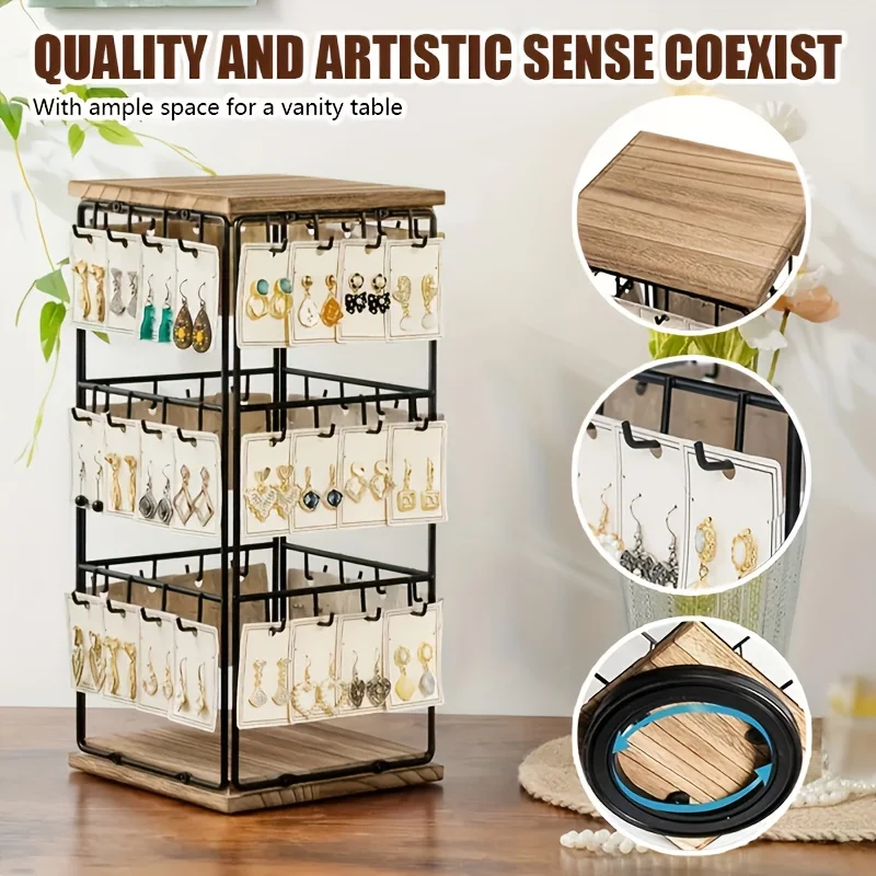 

360 ° Вращающаяся деревянная подставка для украшений - органайзер-башня для серег, колец и браслетов с крючками