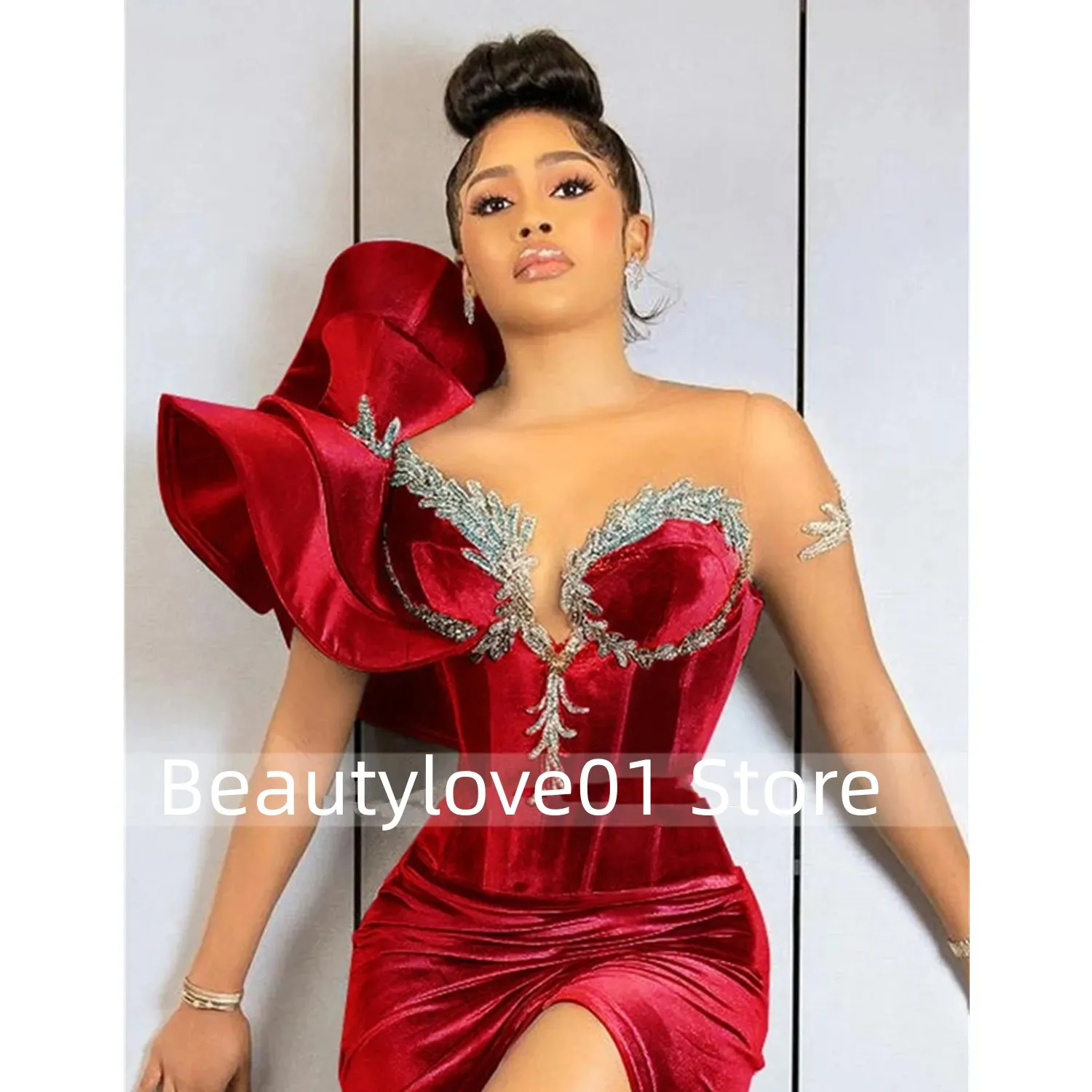 2024Arabic Plus Size Evening Dress Red Luxury Mermaid Ball Dress Velvet V-neck Formal Party Second Reception Dress Mary Robe