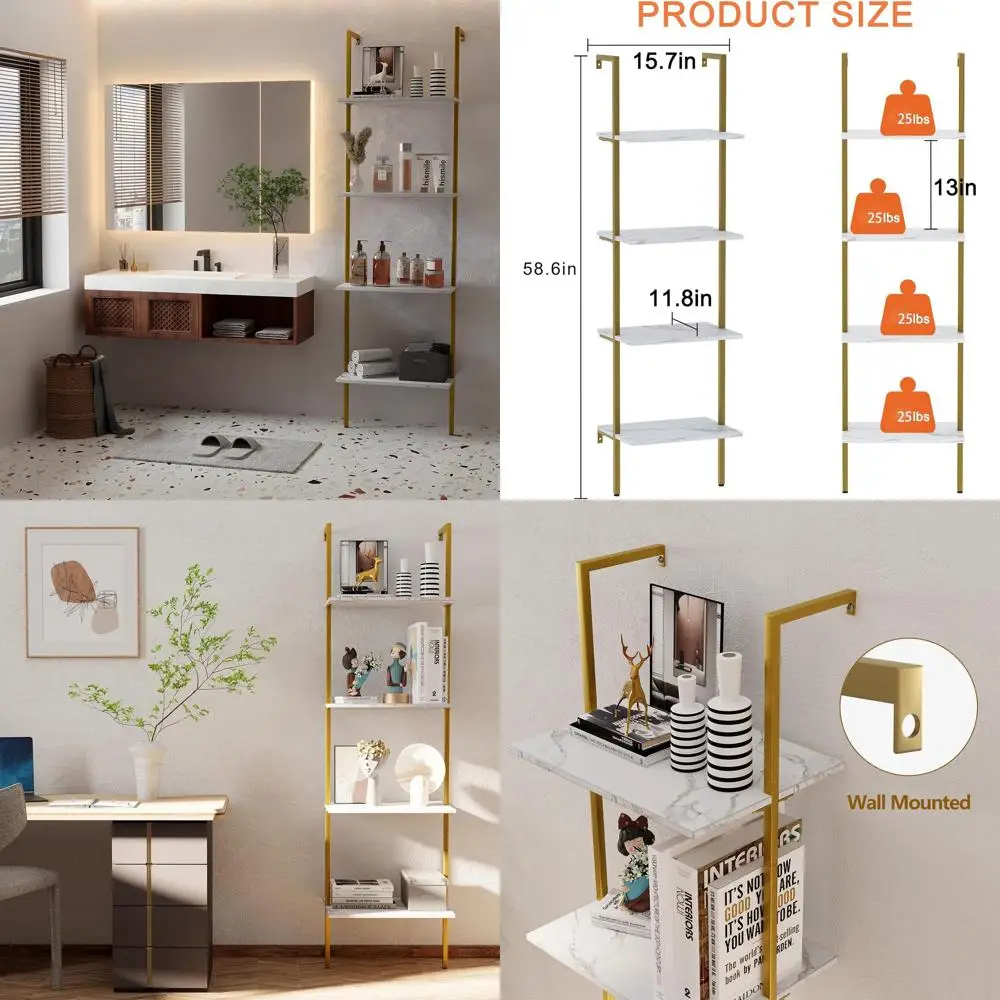 

Industrial 4-Tier Metal and White Marble Bookshelf, Tall Open Storage Rack, Wall-Mounted Display Shelves for Home Office and Bed