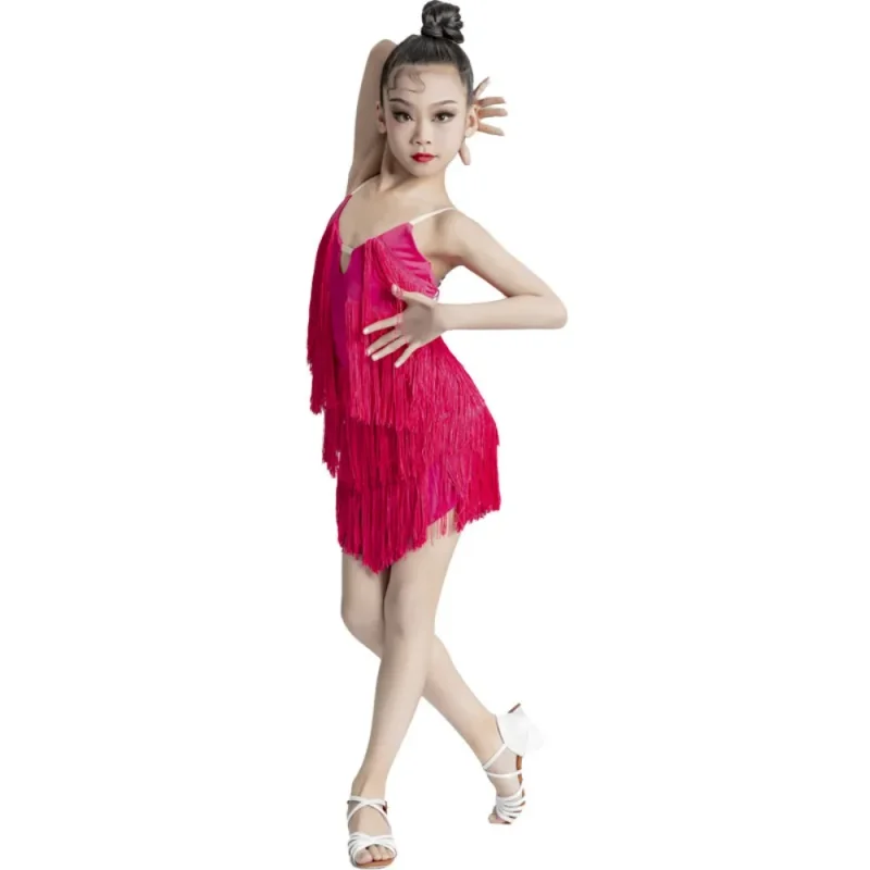 

Elegant Kids Clothes Tassel Competition Uniform Latin Dress Girls Party Children Clothing Dance Wear Stage Performance Costume
