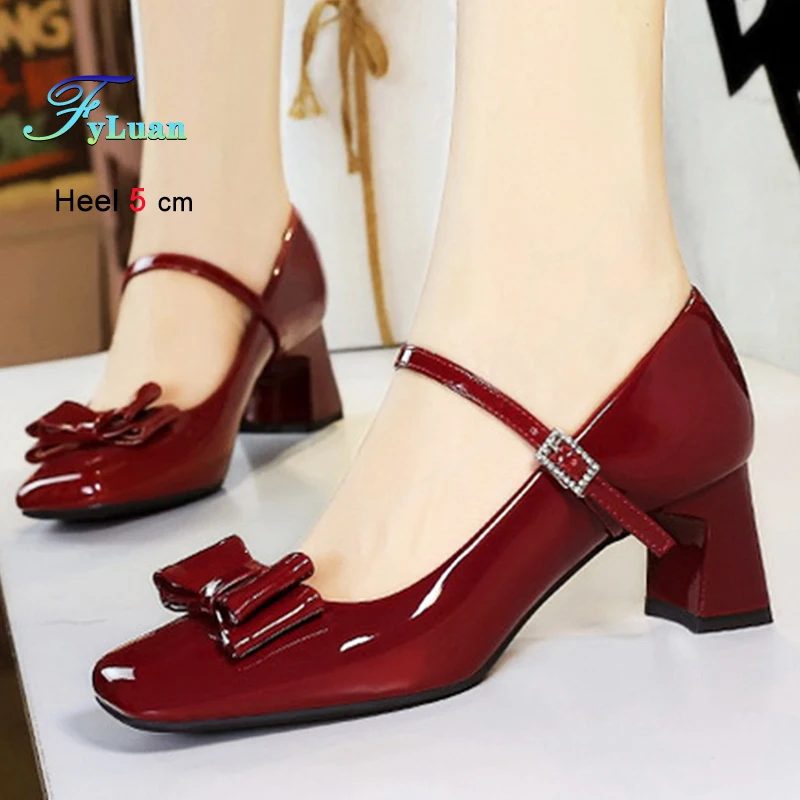 

2025 Sexy Black Medium Heels 5cm Women's Shoes Shallow Mouth Ladies Pumps Buckle Strap Square Head Footwear Daily Office Shoes