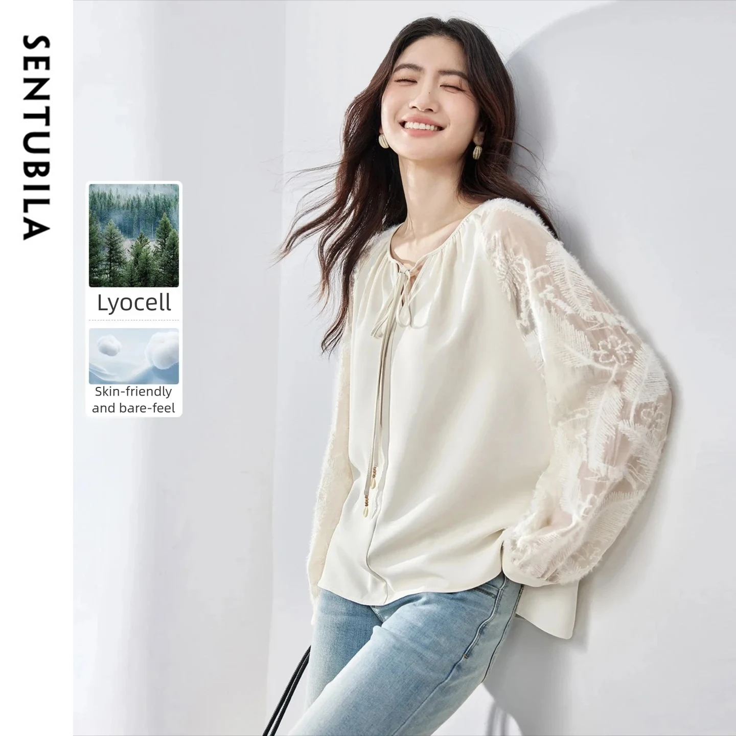 SENTUBILA Women's Lace Shirt 2026 Spring Embroidered Sleeves Round Neck Chiffon Blouse Fashion Elegant Office Lady Top 161VA4778
