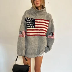 Retro Women's US Flag Long sleeved Pullover Sweater Knitted High Neck Large Y2K Sweater Retro Sweater Warm