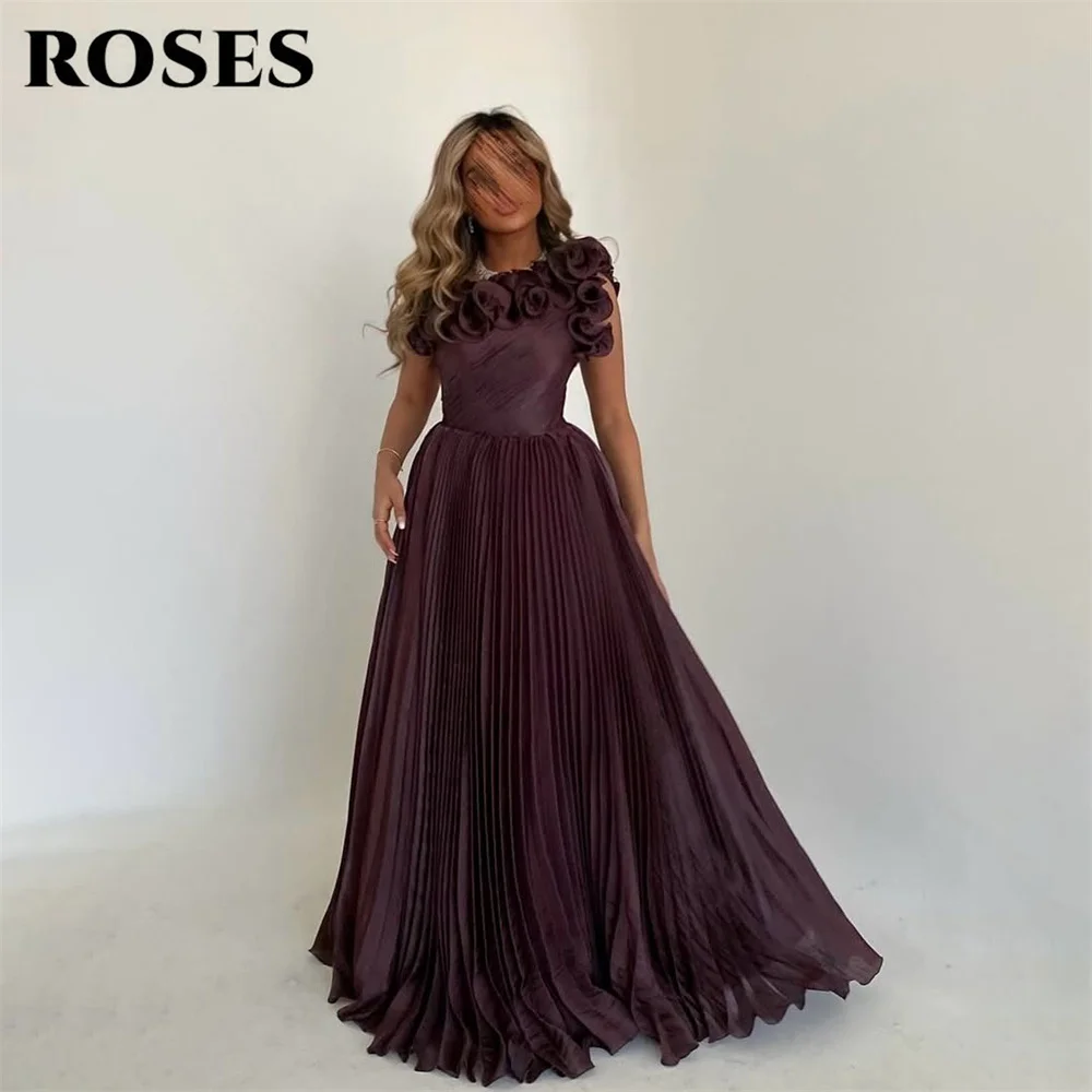 

ROSES Deep Maroon Party Dresses with 3D Floral Embellishments Evening Dress Pleated A Line فساتين السهرة Customized