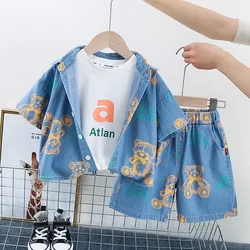 New Summer Boys Denim Clothing Sets Children Fashion Cartoon Bear Coats Shorts 2pcs Tracksuits Infant Baby Casual Outfits Suits