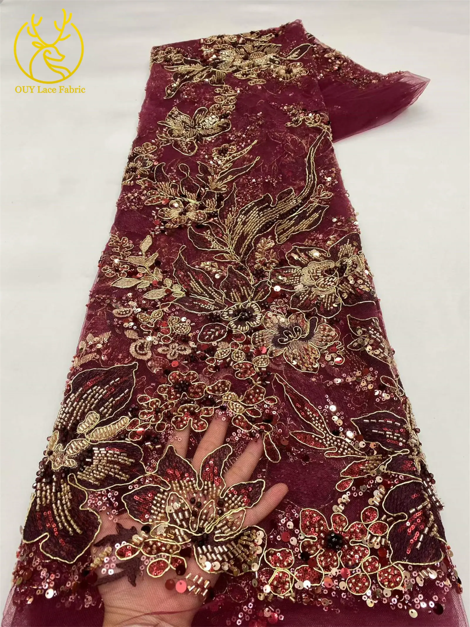 Eleganter Tüll-Spitzenstoff mit Pailletten und Blumenstickerei, afrikanischer handgefertigter Perlen-Mesh-Spitzenstoff zum Nähen von Abendkleidern, 5 Yards – Detail 7